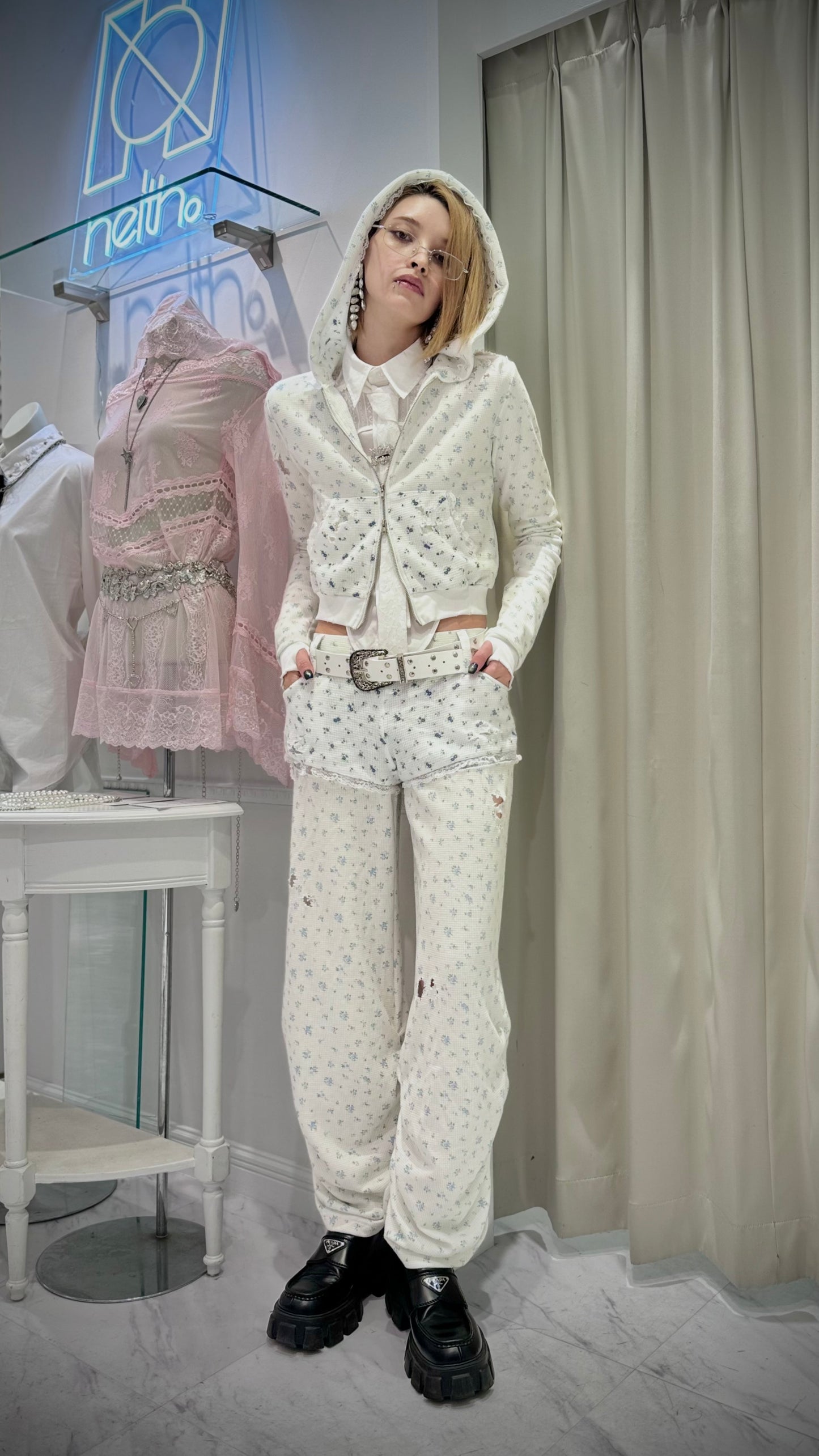 Flower Thermal Hoodie(Blue)