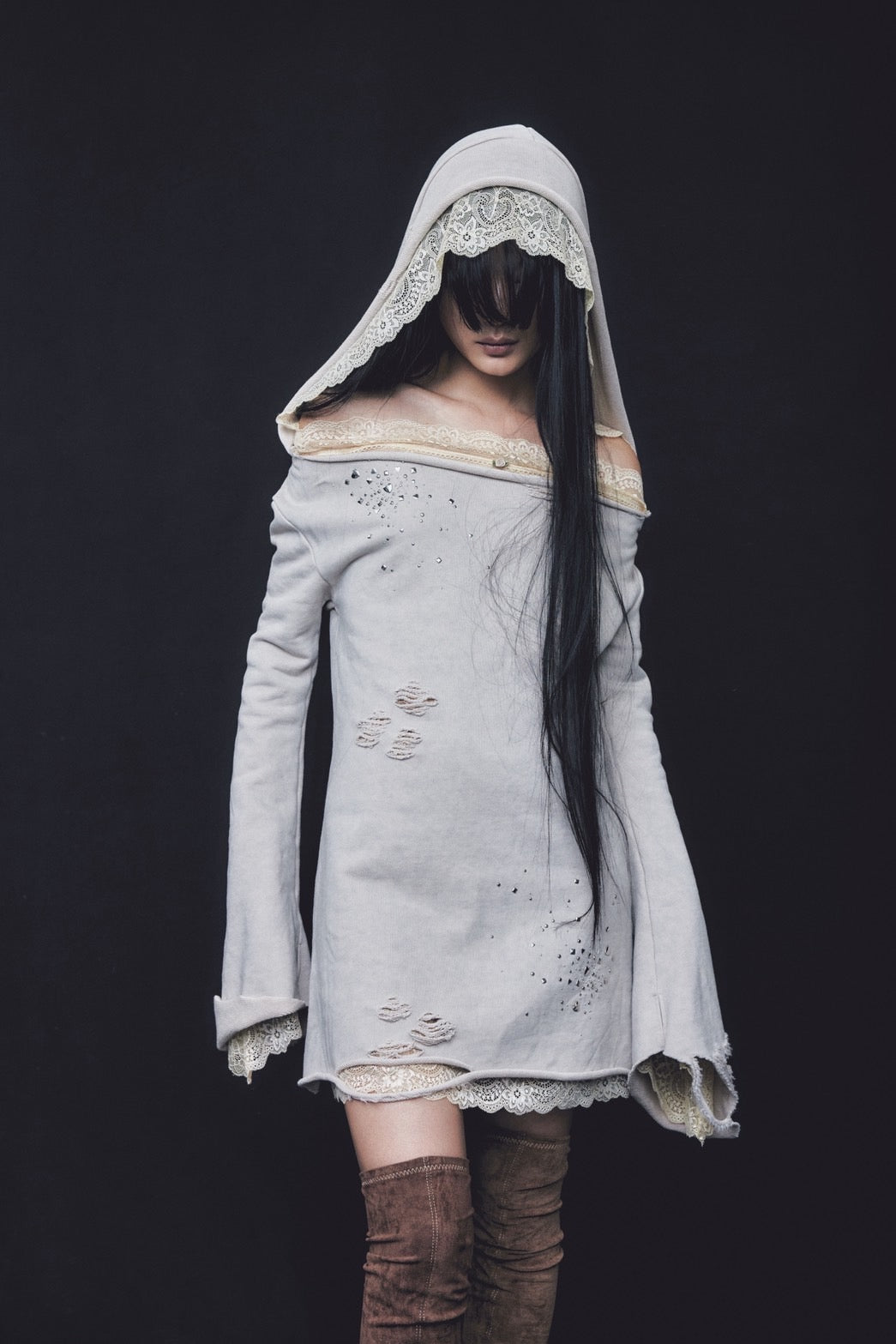 Veil off-shoulder Dress(Beige)