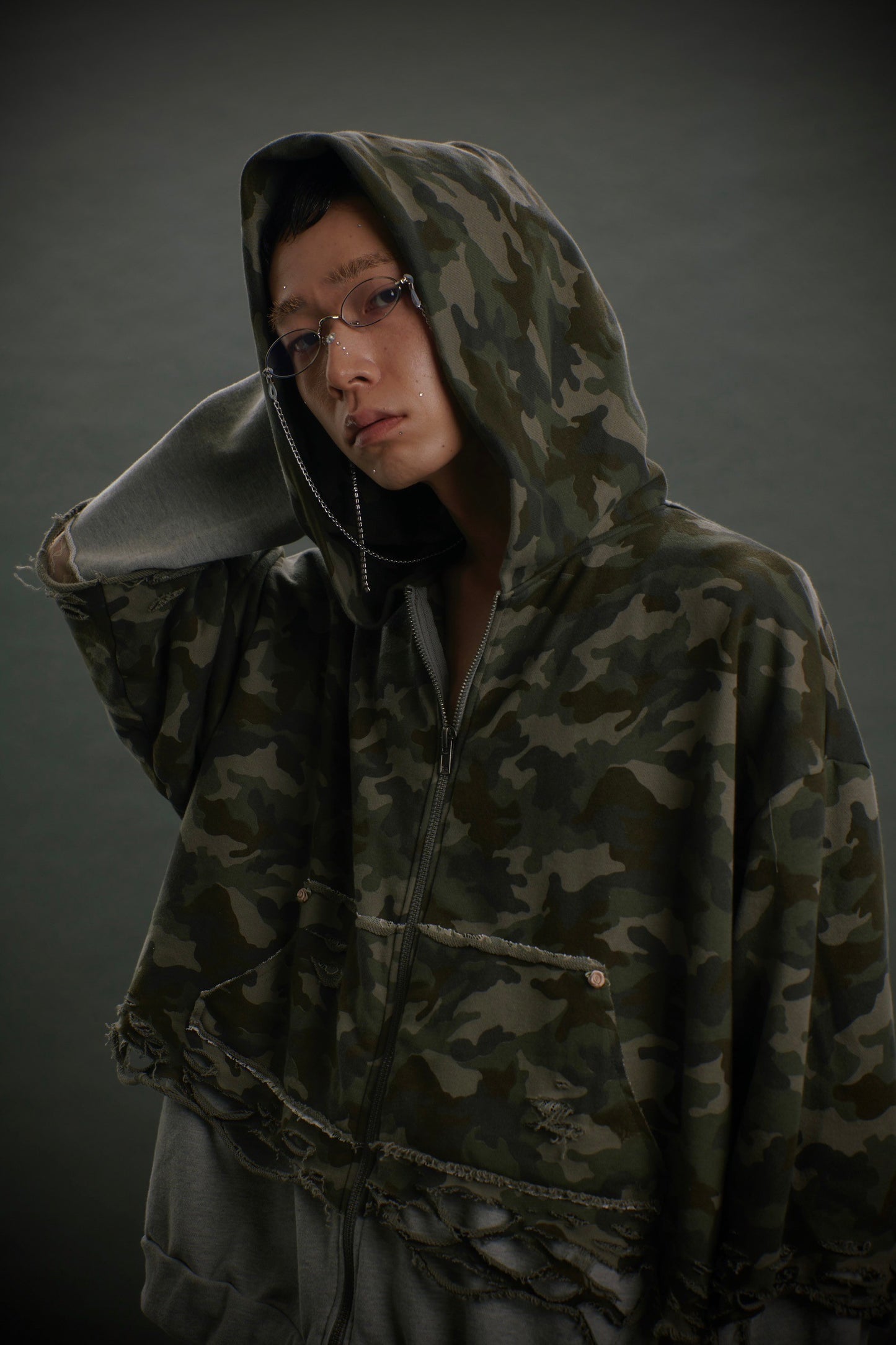 【Last1】Layered Crush Hoodie(Camo×Gray)