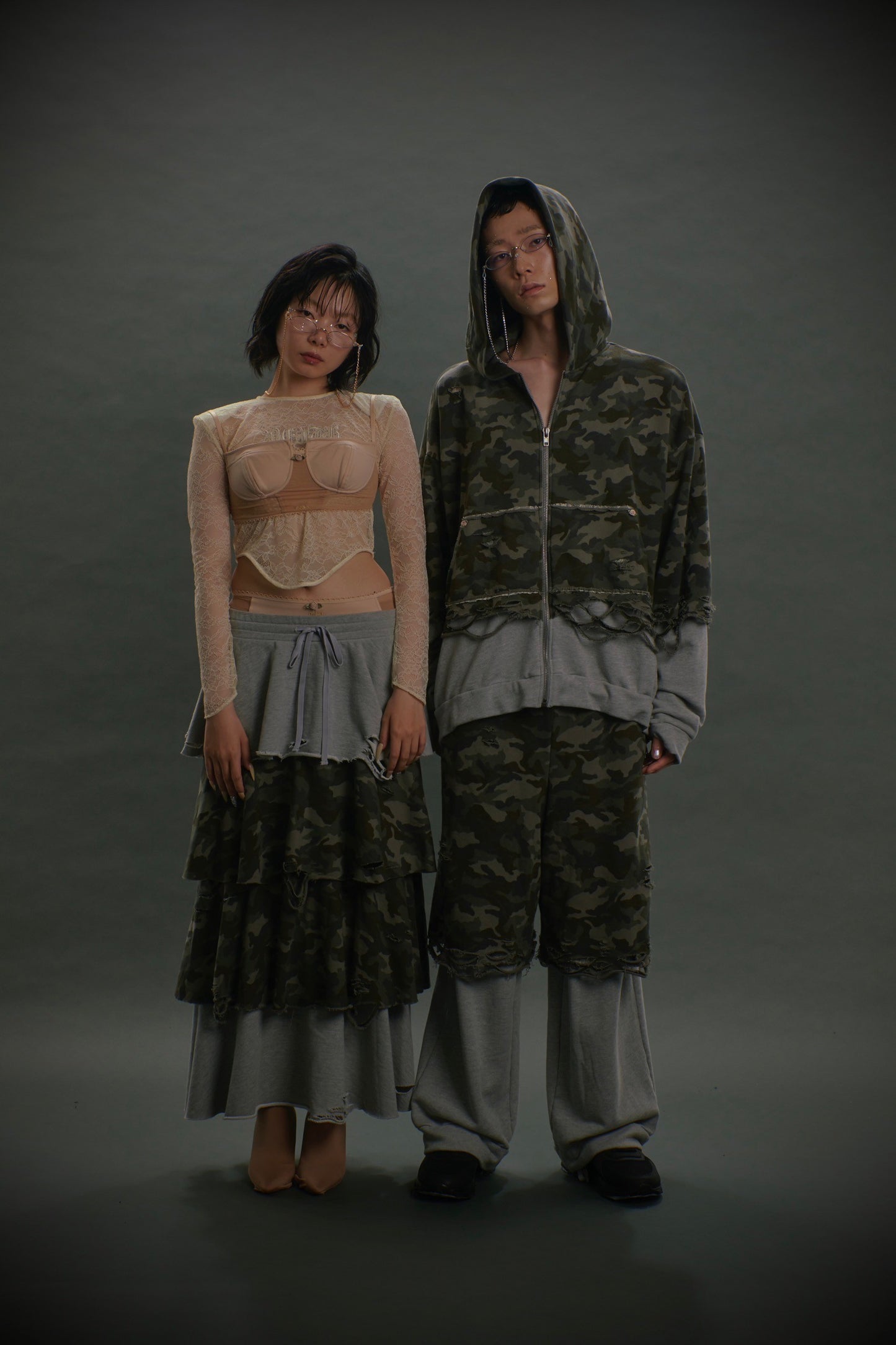 【Last1】Layered Crush Hoodie(Camo×Gray)