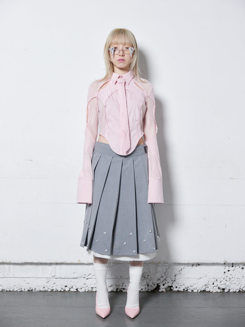 【Last1】Lace Tied Shirts(Pink)