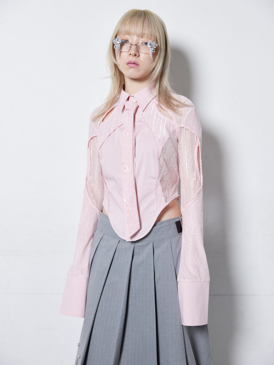 【Last1】Lace Tied Shirts(Pink)