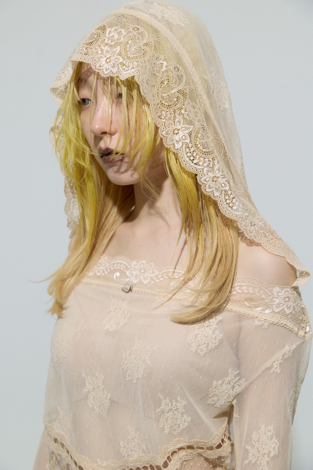 Veil off-shoulder Dress(Beige)