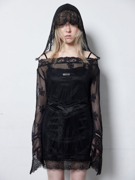 Veil Off-shoulder Dress(Black)
