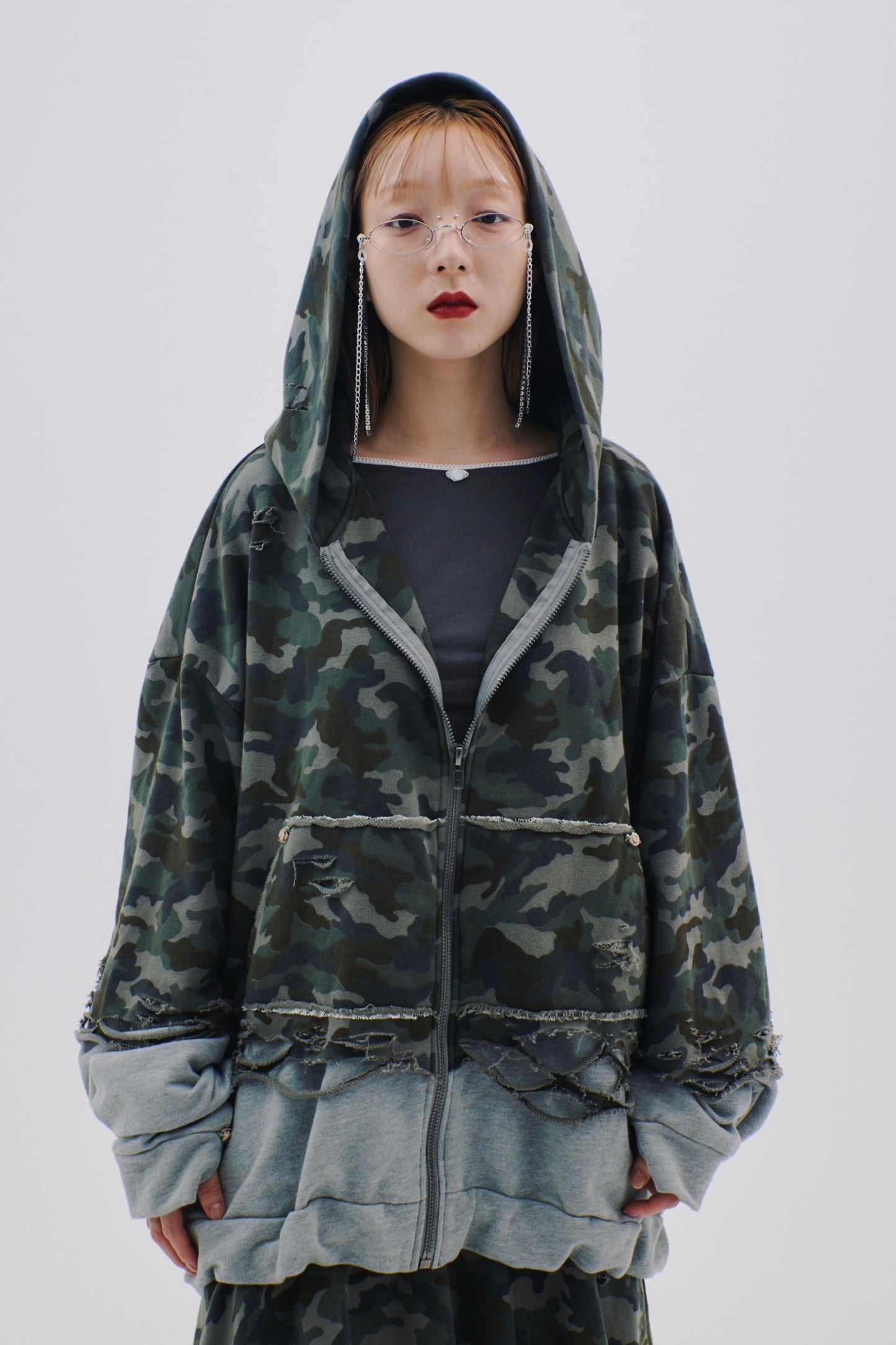 【Last1】Layered Crush Hoodie(Camo×Gray)