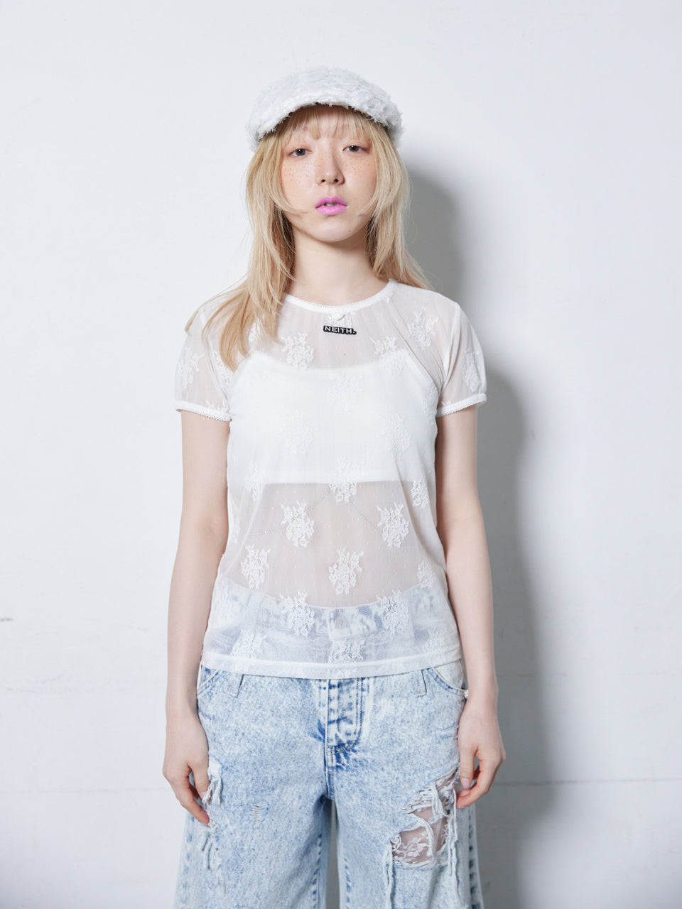 【Last1】Lace Simple T-shirts(White)