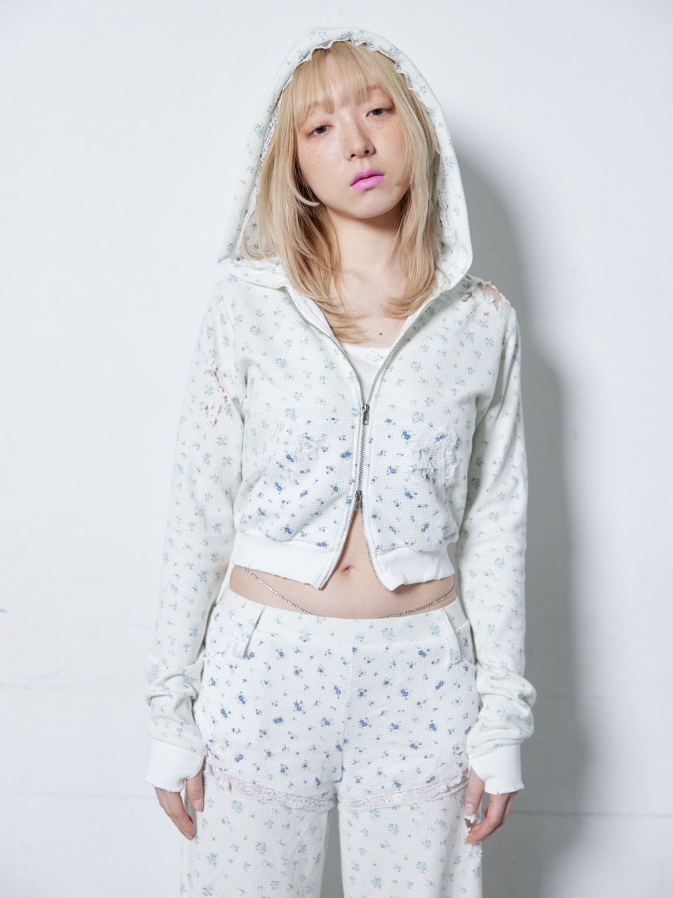 Flower Thermal Hoodie(Blue)