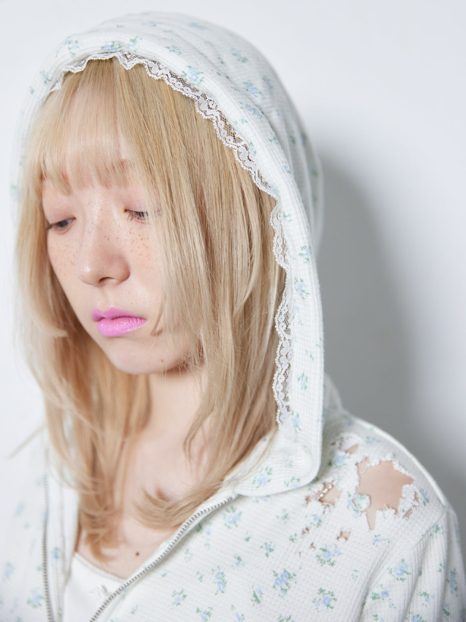 Flower Thermal Hoodie(Blue)