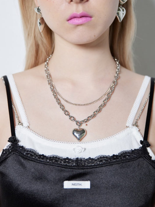 【Last1】Double Chain Heart Necklace(Silver)