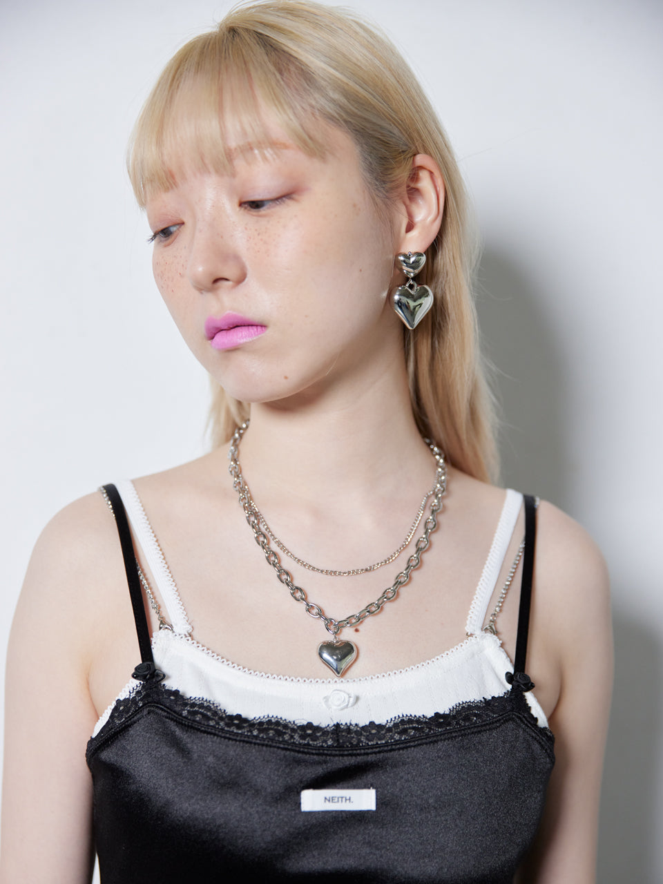 【Last1】Double Chain Heart Necklace(Silver)