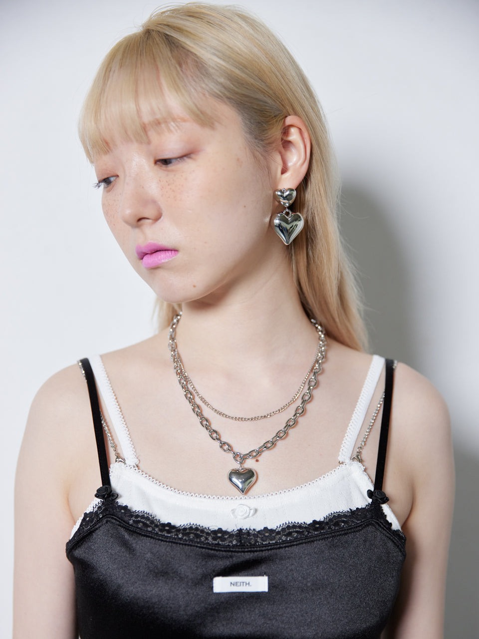 【Last1】Double Chain Heart Necklace(Silver)