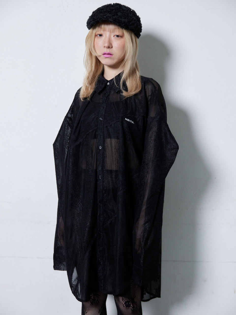 【Last1】Too Big Ribbon Lace Shirt(Black)