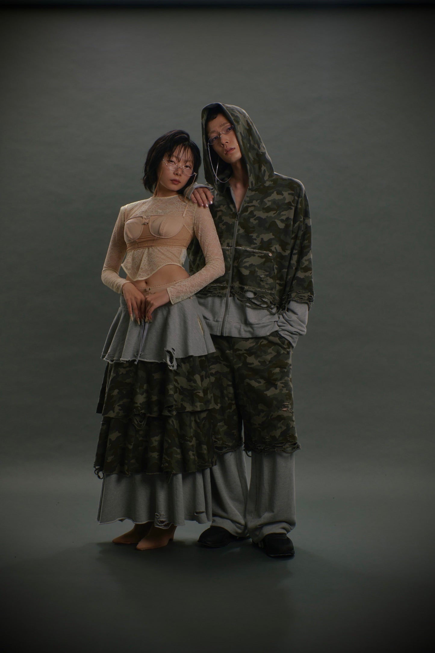 【Last1】Layered Crush Hoodie(Camo×Gray)