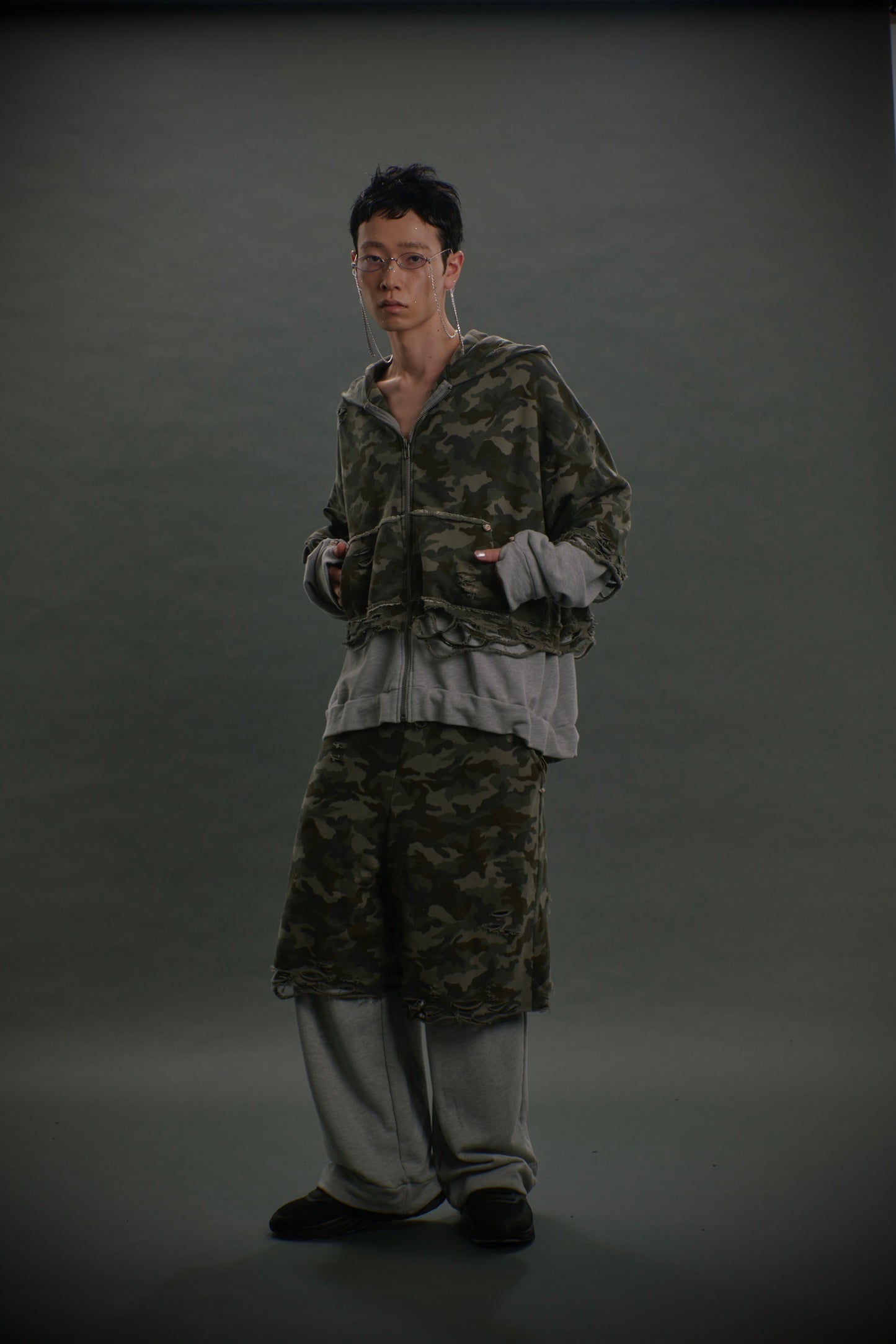 【Last1】Layered Crush Hoodie(Camo×Gray)