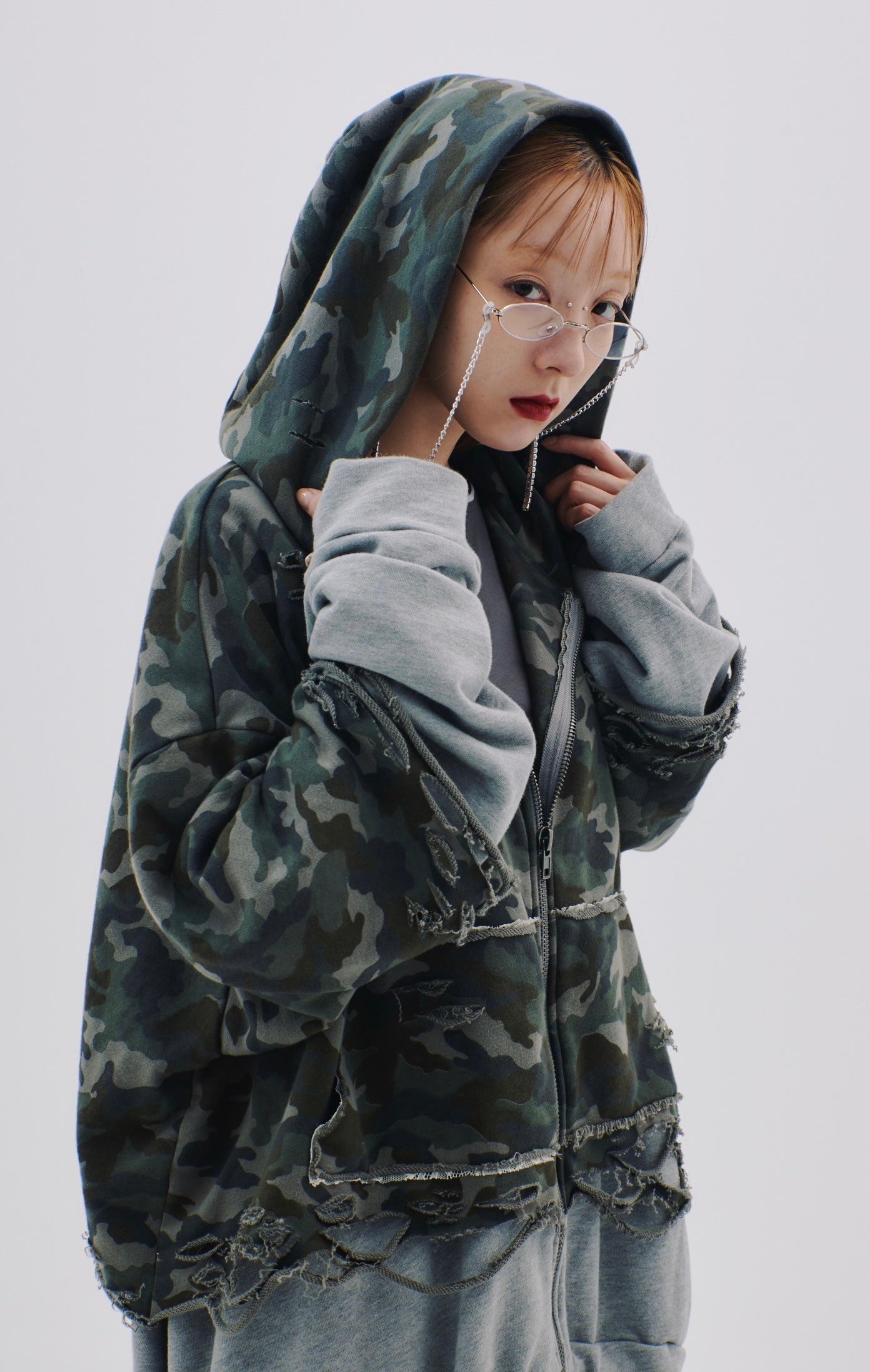 【Last1】Layered Crush Hoodie(Camo×Gray)