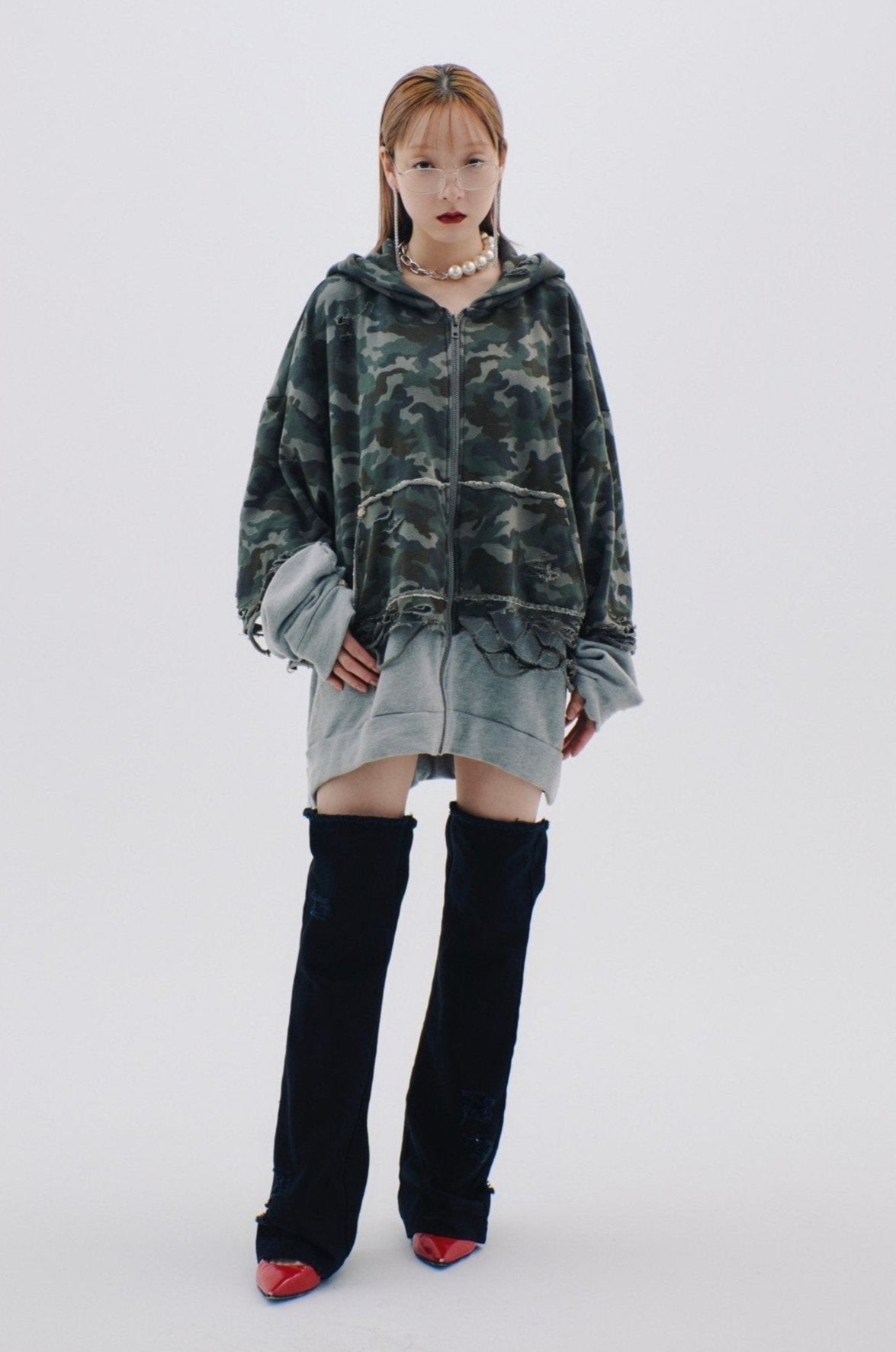 【Last1】Layered Crush Hoodie(Camo×Gray)
