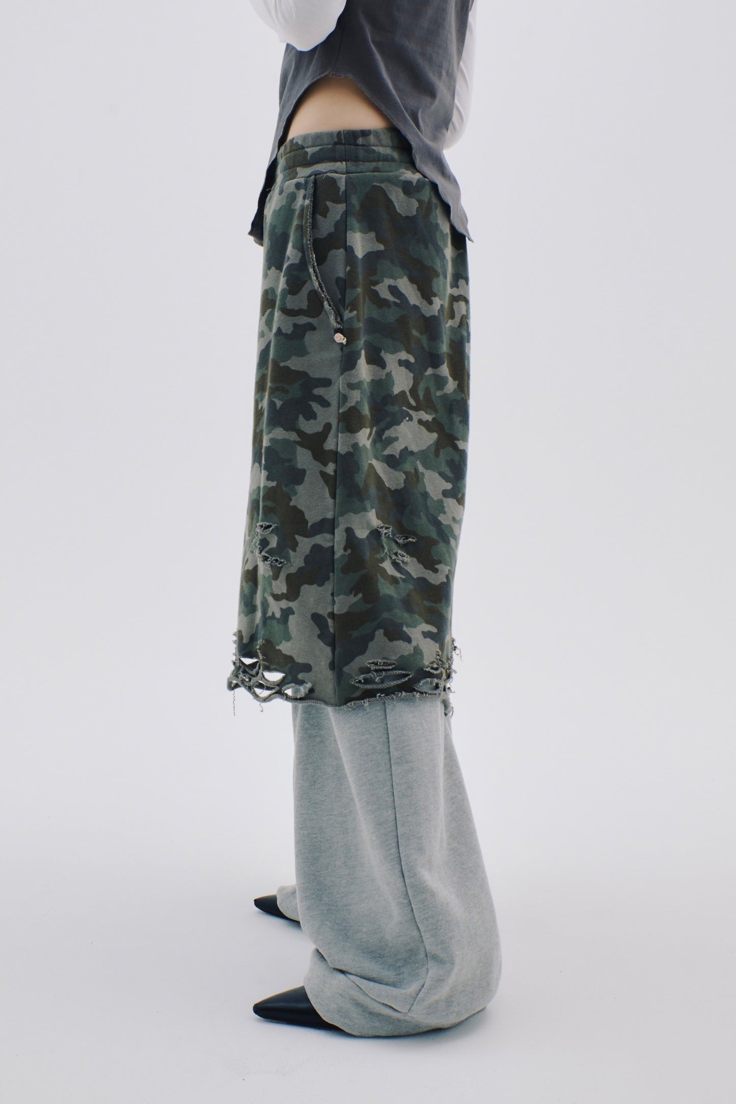 Layered Crush Sweat Pants(Camo×Gray)