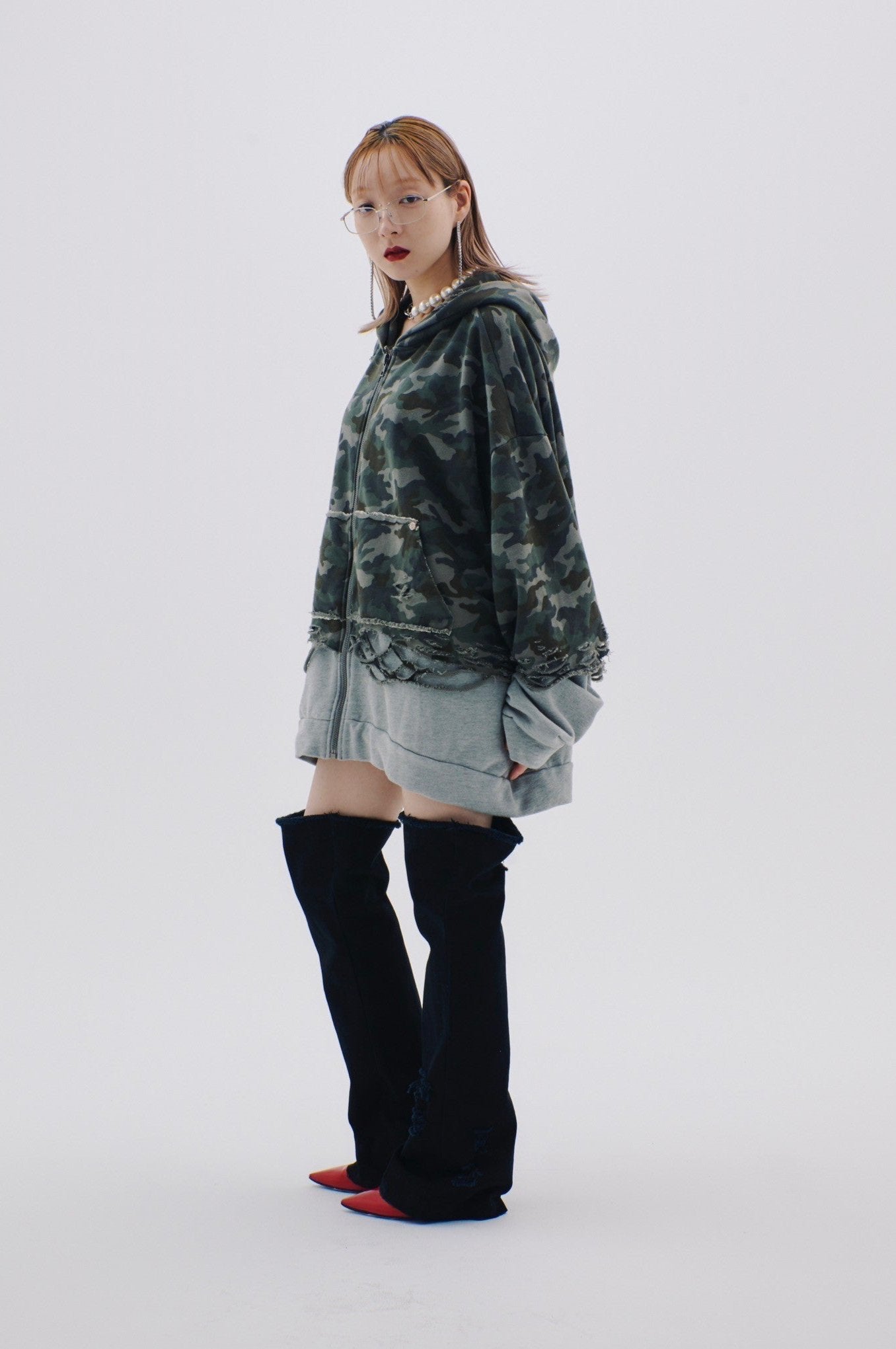 【Last1】Layered Crush Hoodie(Camo×Gray)