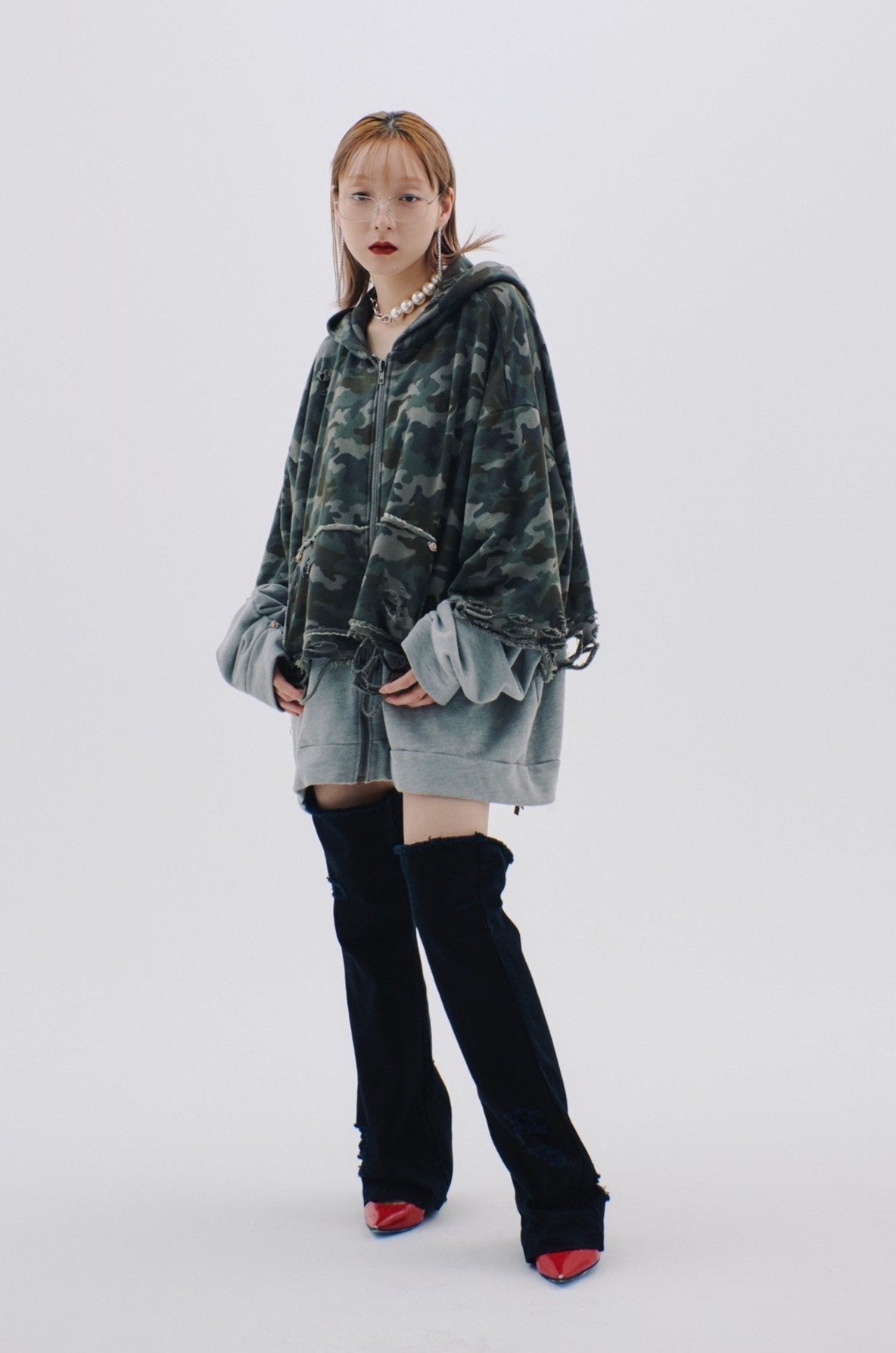 【Last1】Layered Crush Hoodie(Camo×Gray)