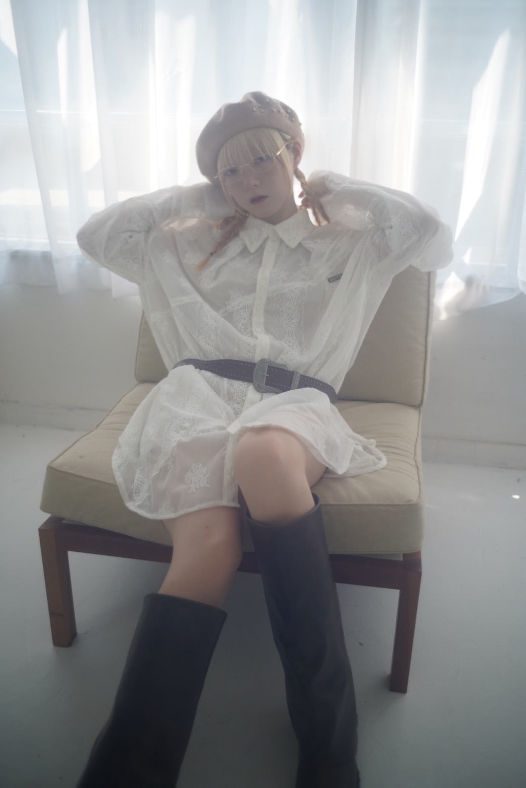 Too Big Ribbon Lace Shirt(White)