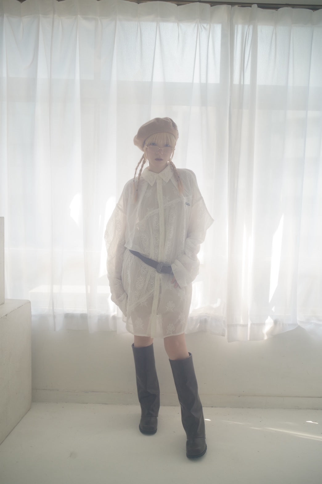 Too Big Ribbon Lace Shirt(White)