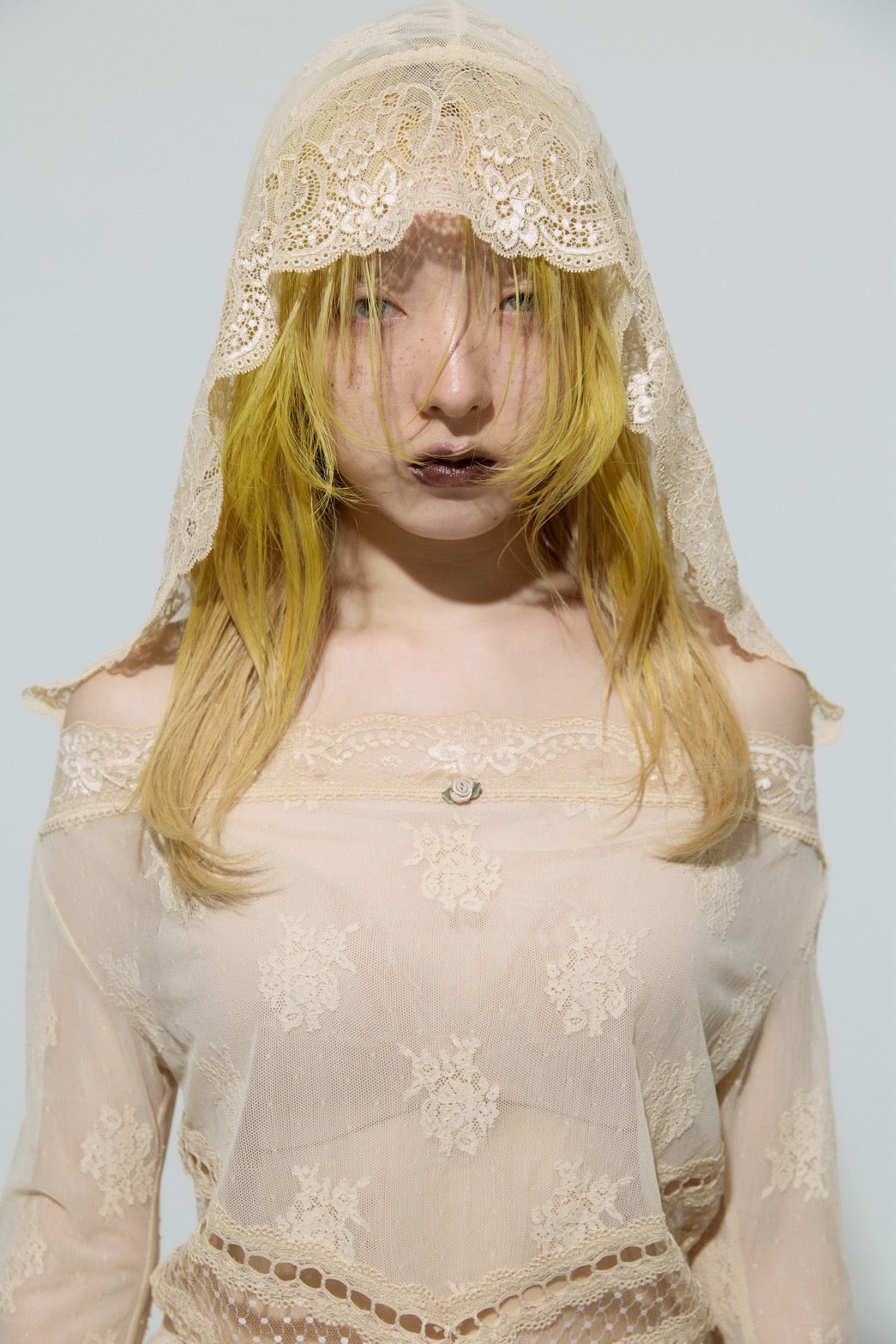 Veil off-shoulder Dress(Beige)