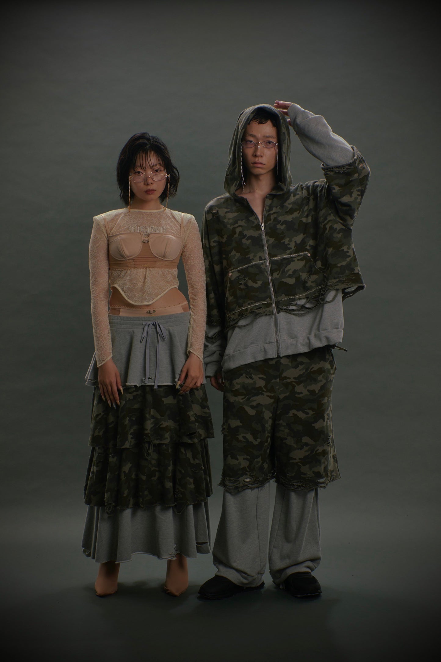【Last1】Layered Crush Hoodie(Camo×Gray)