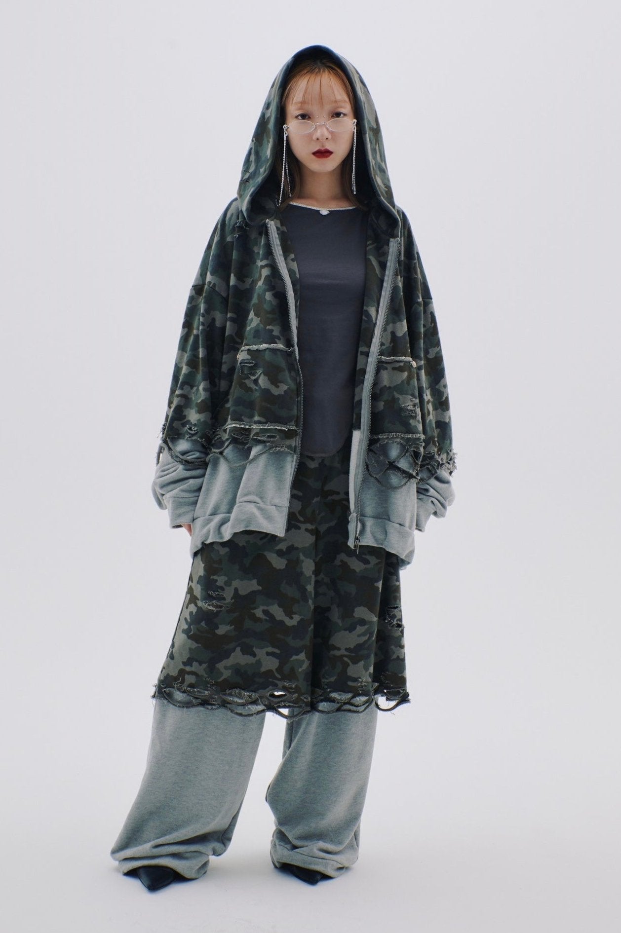 【Last1】Layered Crush Hoodie(Camo×Gray)