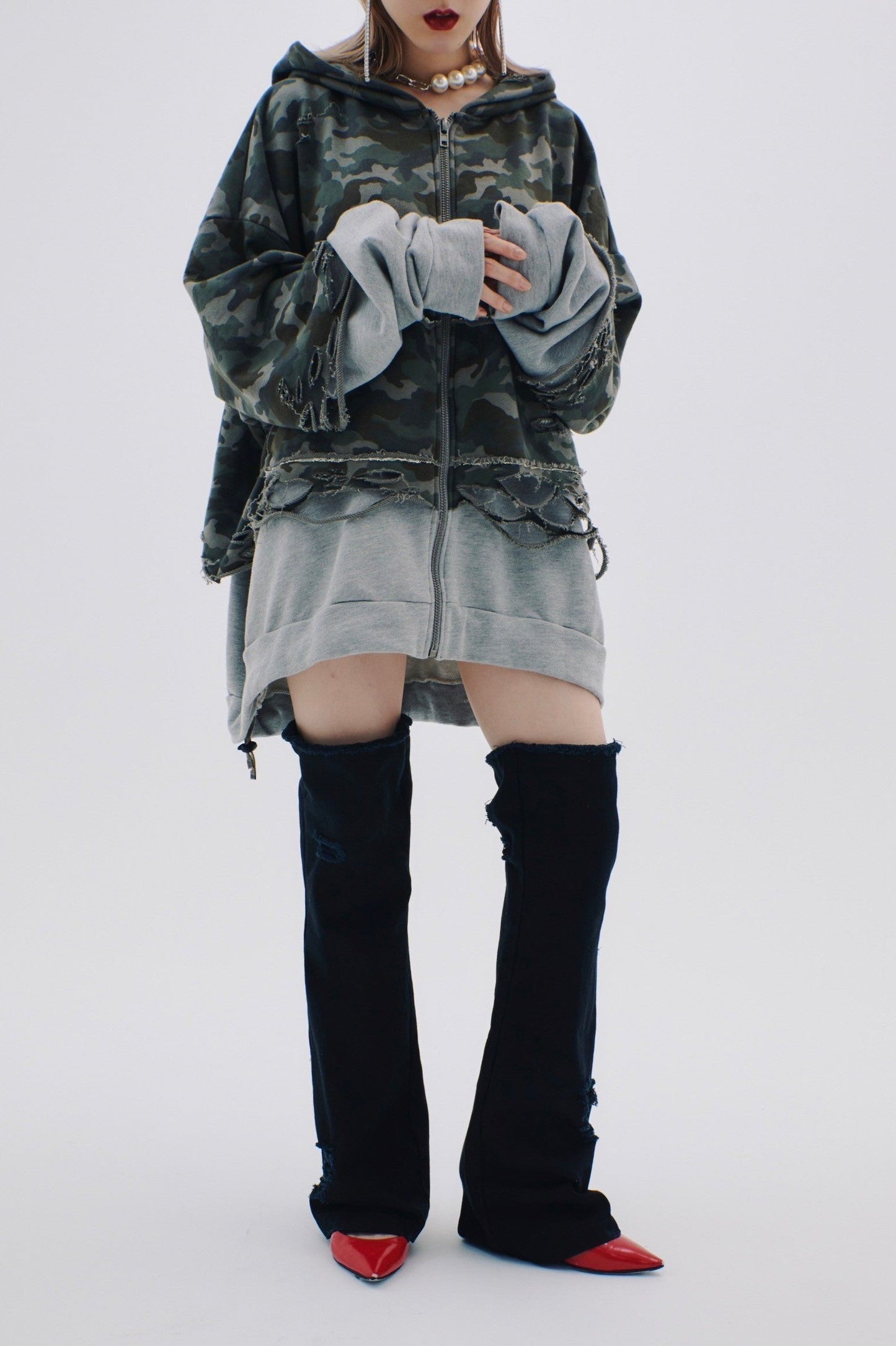 【Last1】Layered Crush Hoodie(Camo×Gray)