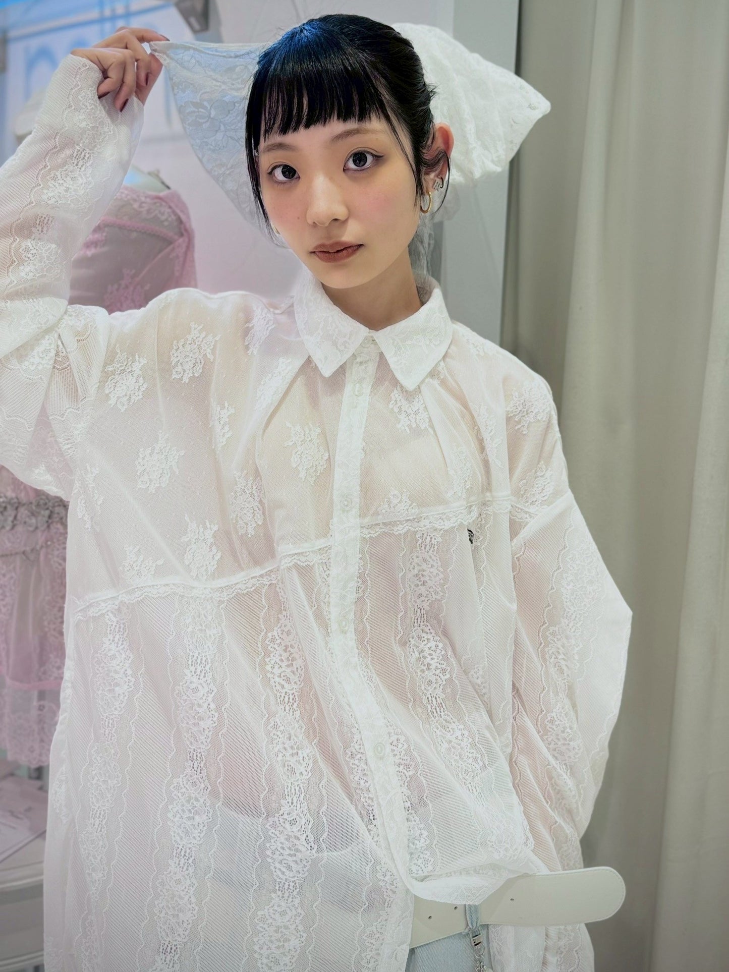 Too Big Ribbon Lace Shirt(White)