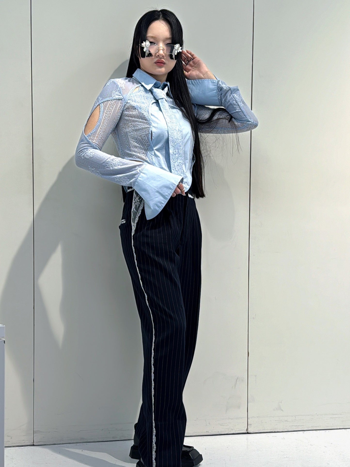 Stripe Lace Trousers(Navy)