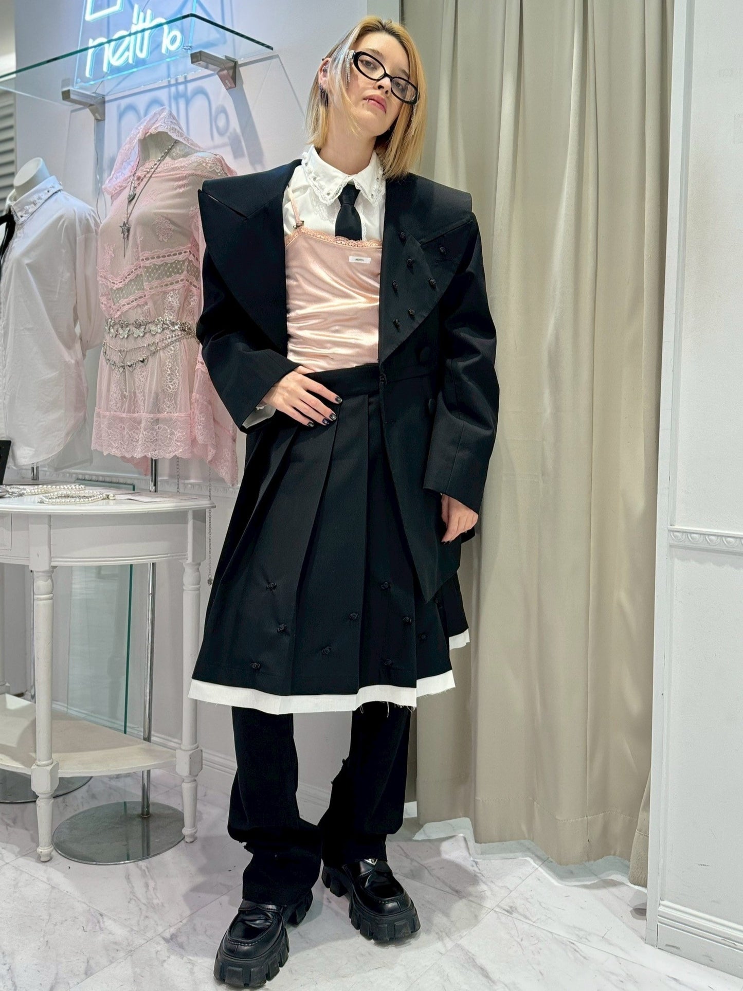 Rose Pleats Skirt Pants(Black)