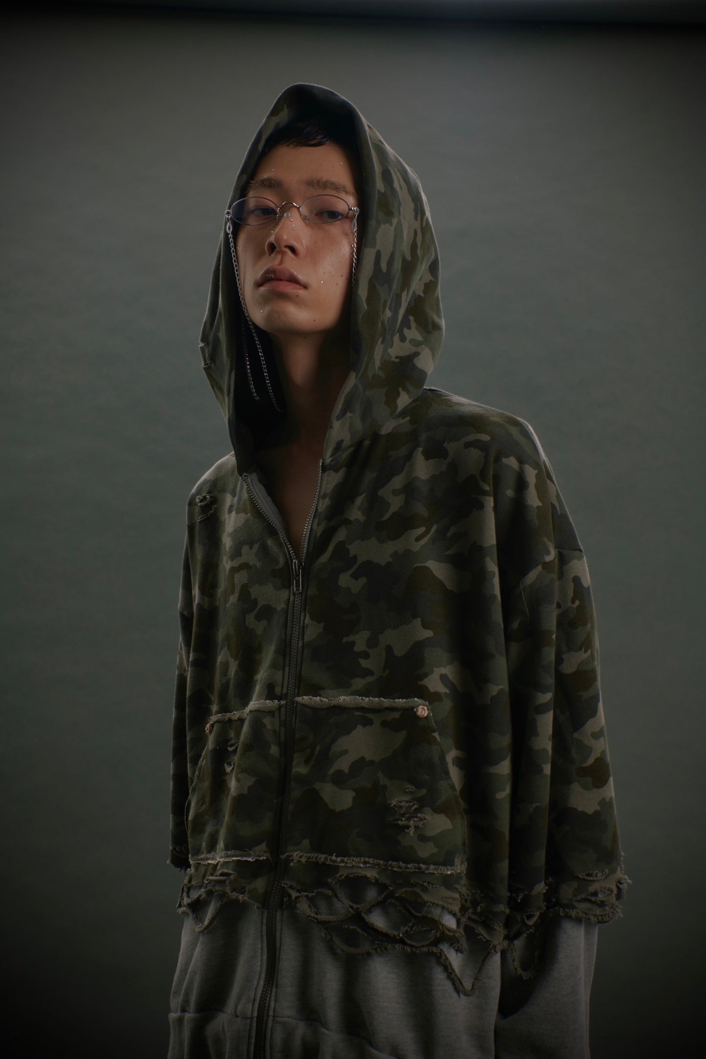 【Last1】Layered Crush Hoodie(Camo×Gray)