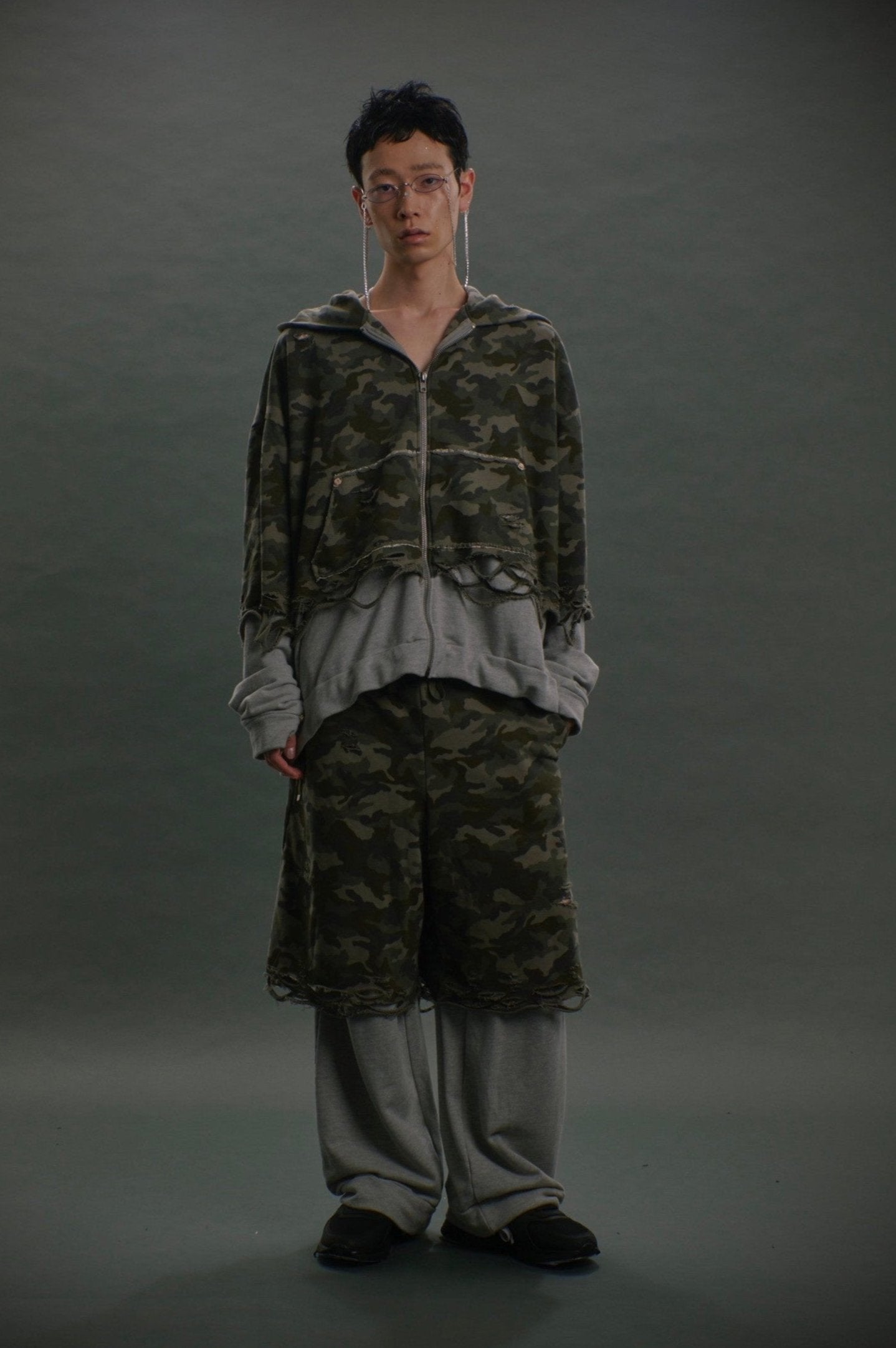 【Last1】Layered Crush Hoodie(Camo×Gray)