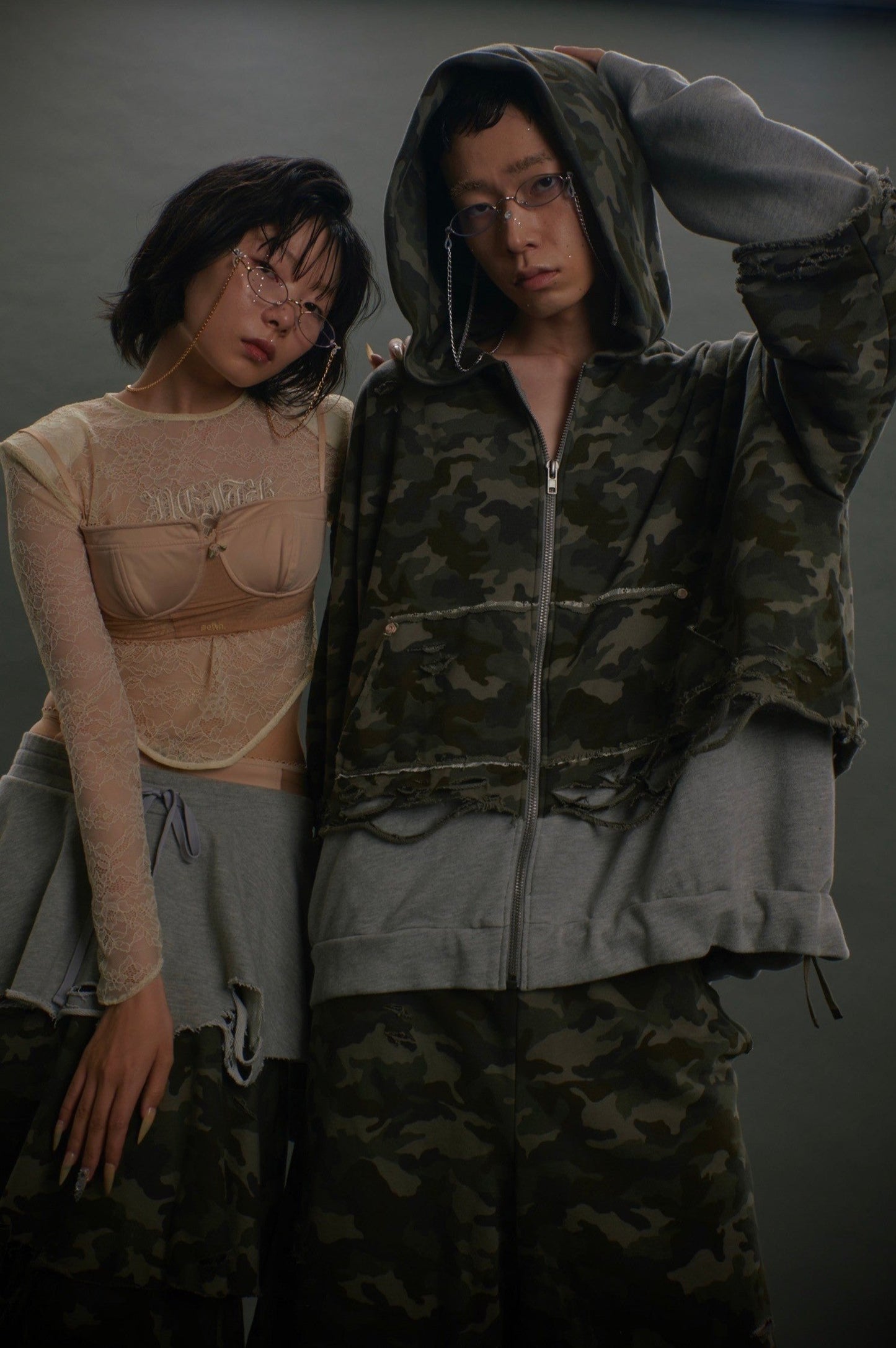 【Last1】Layered Crush Hoodie(Camo×Gray)