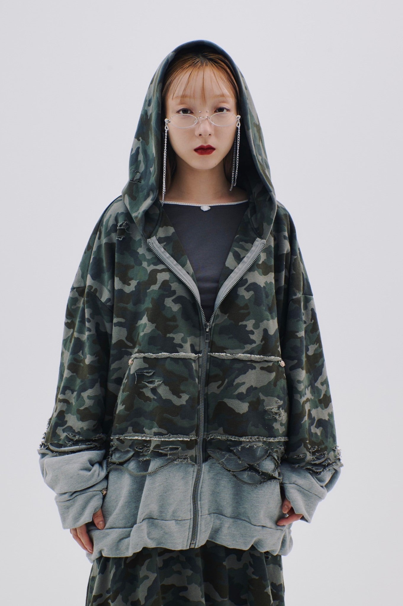 【Last1】Layered Crush Hoodie(Camo×Gray)