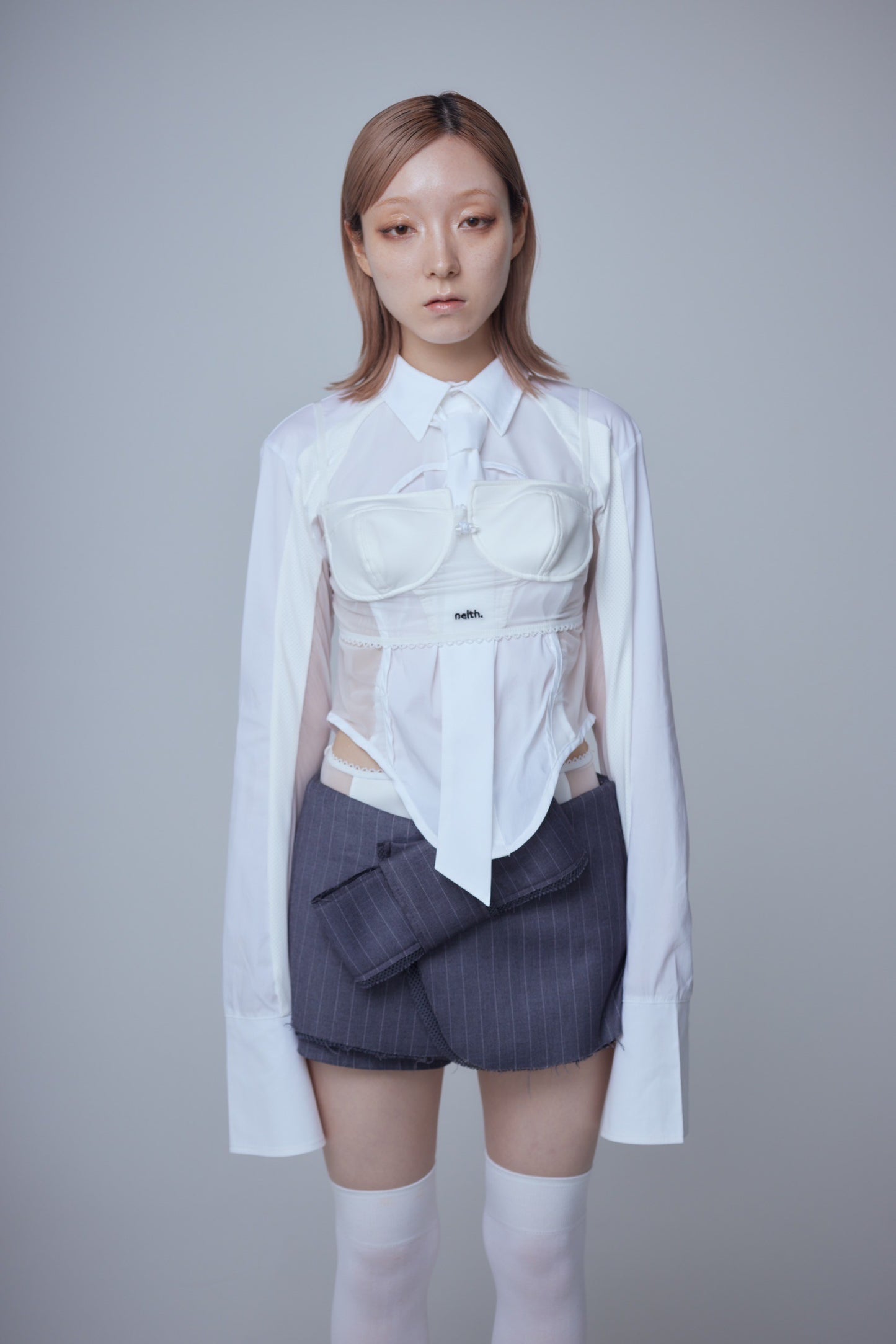 Mesh Tied Shirt(White)