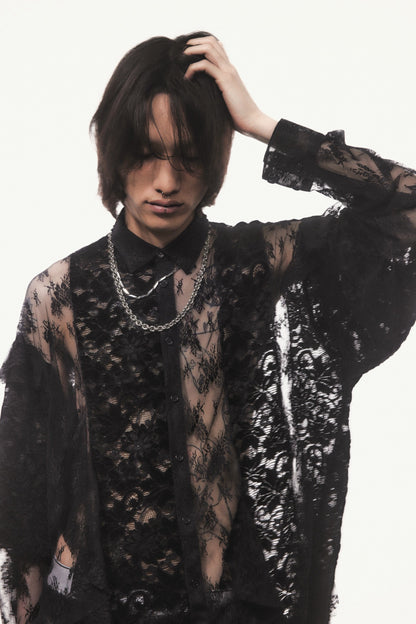 Flocky Lace Ruffle Shirts (Black)