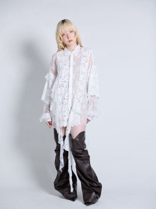 Flocky Lace Ruffle Shirts (Ivory)