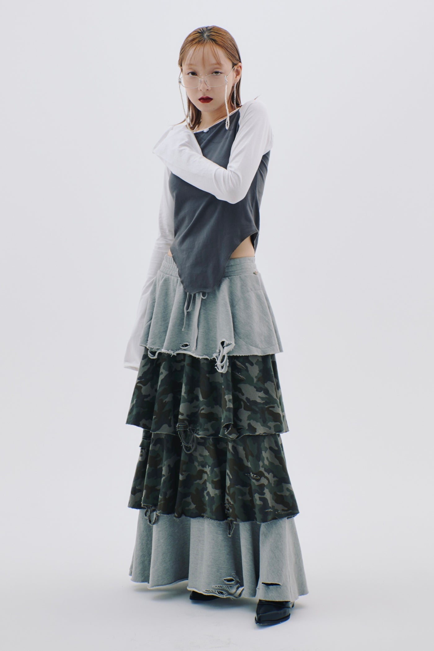 Sweat Tiered Skirt(Camo×Gray)