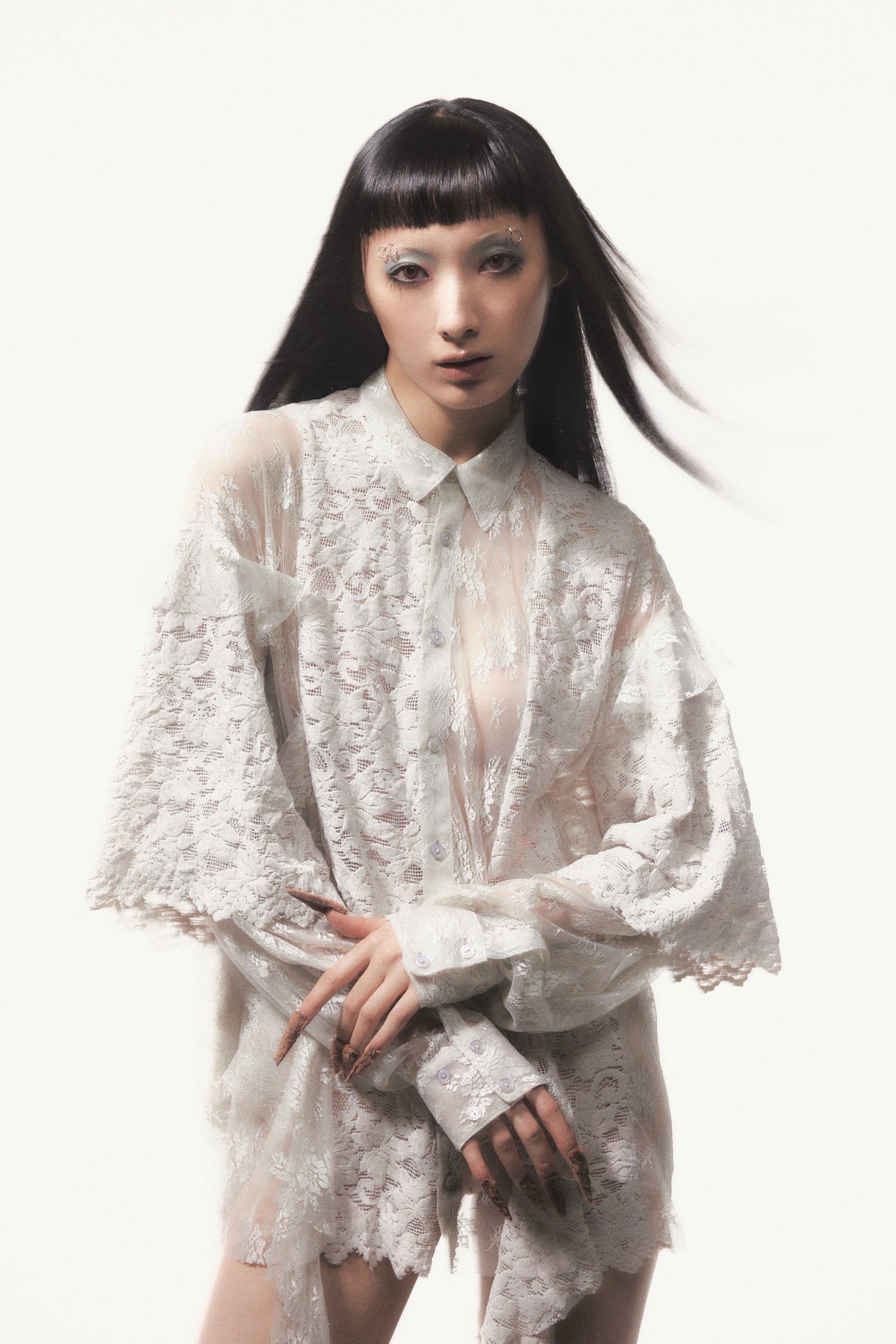 Flocky Lace Ruffle Shirts (Ivory)