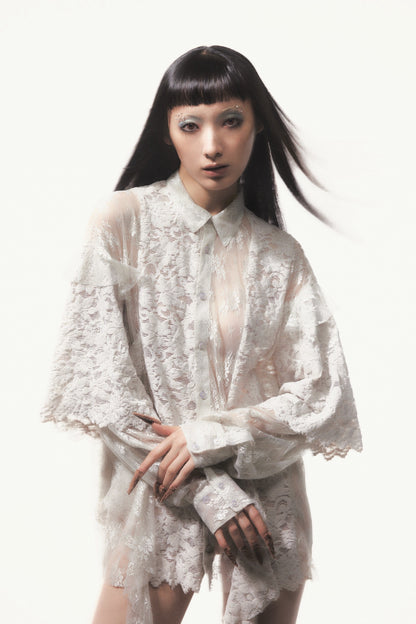 Flocky Lace Ruffle Shirts (Ivory)