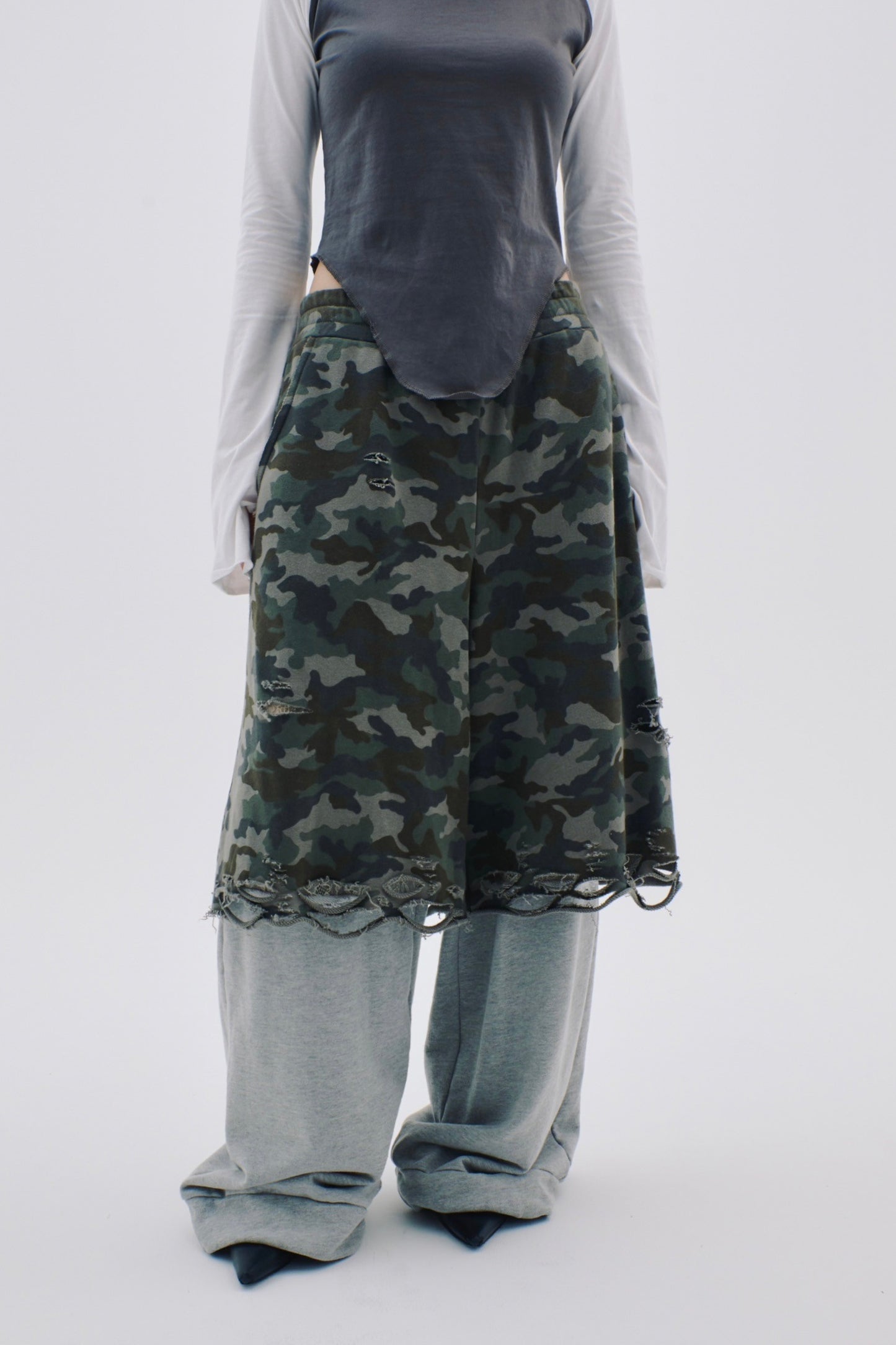 Layered Crush Sweat Pants(Camo×Gray)