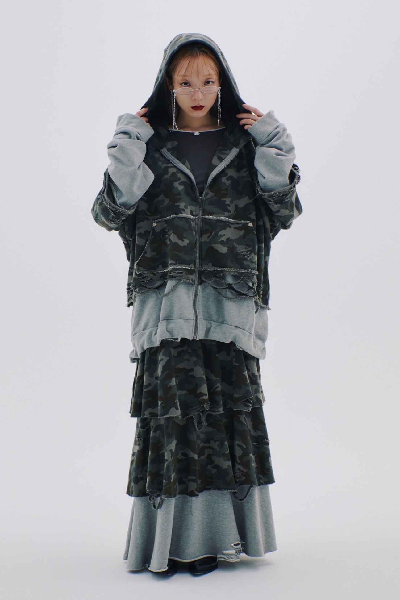 Sweat Tiered Skirt(Camo×Gray)