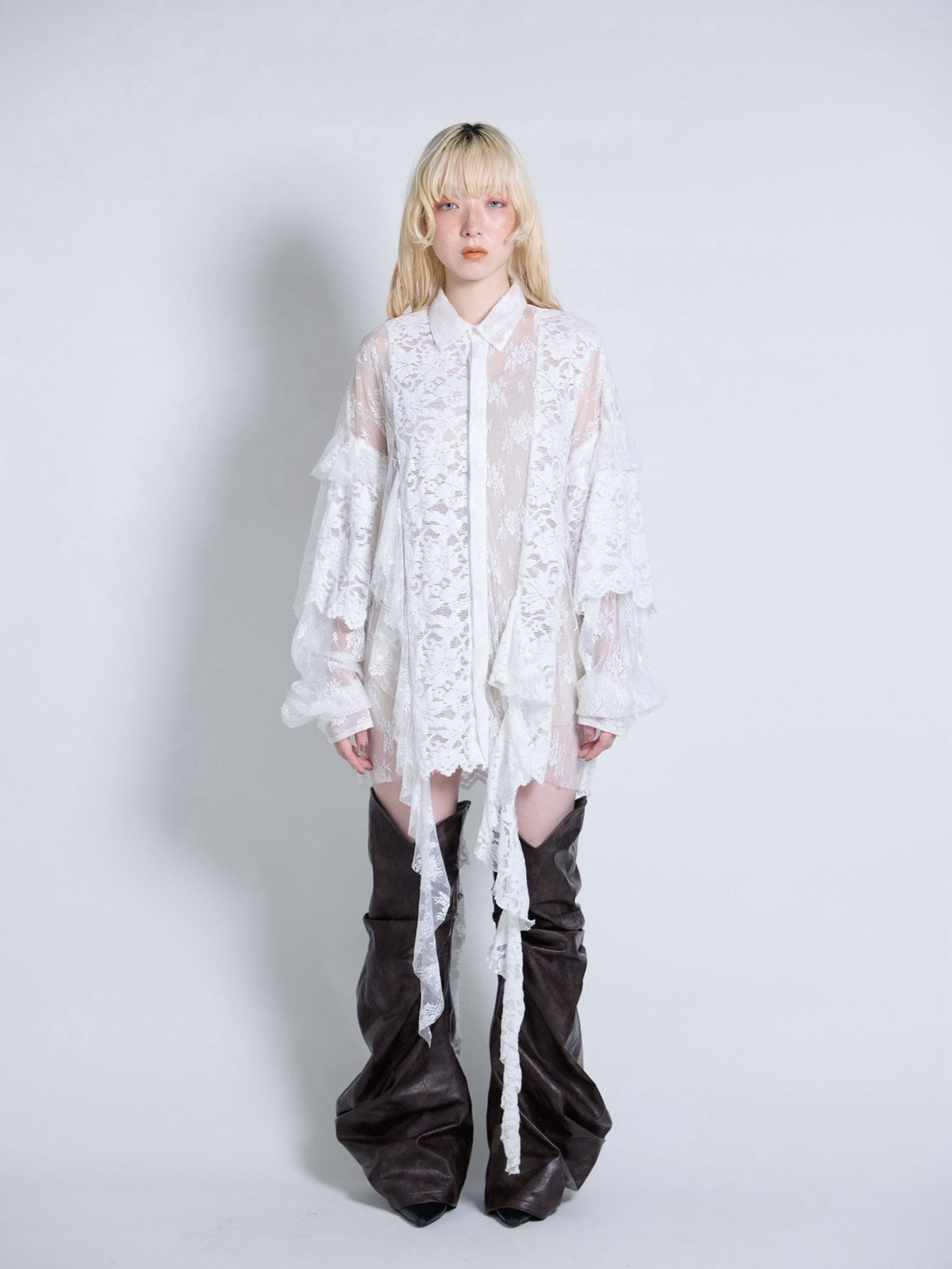 Flocky Lace Ruffle Shirts (Ivory)