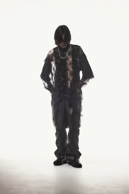 Flocky Lace Ruffle Shirts (Black)