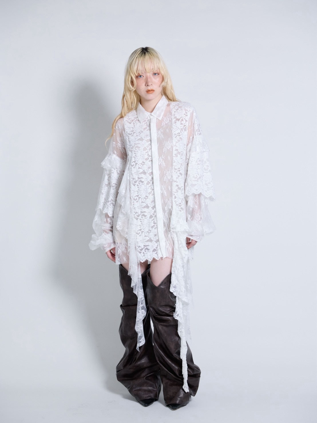 Flocky Lace Ruffle Shirts (Ivory)