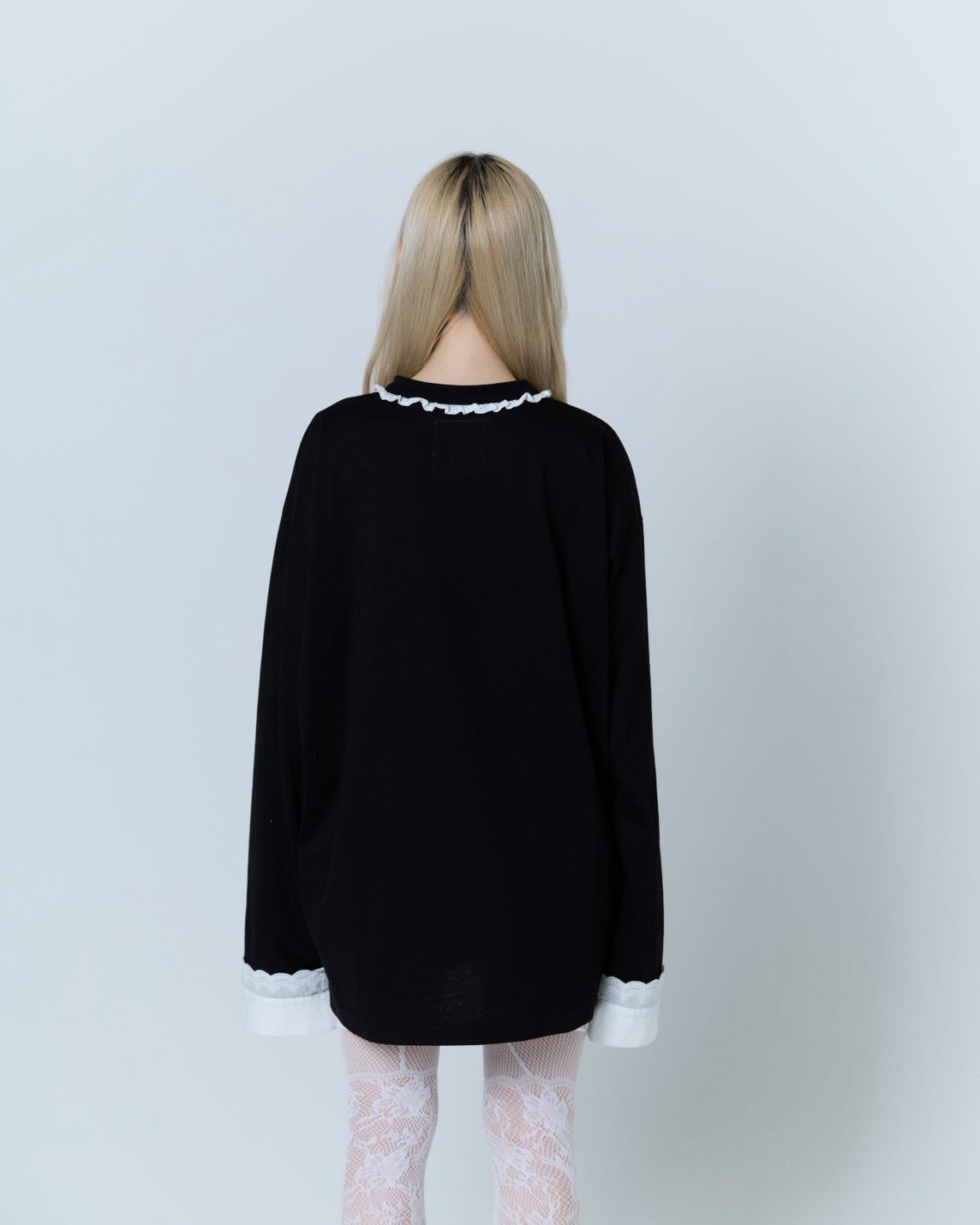 【Last1】Henley Neck Lace Top (Black)