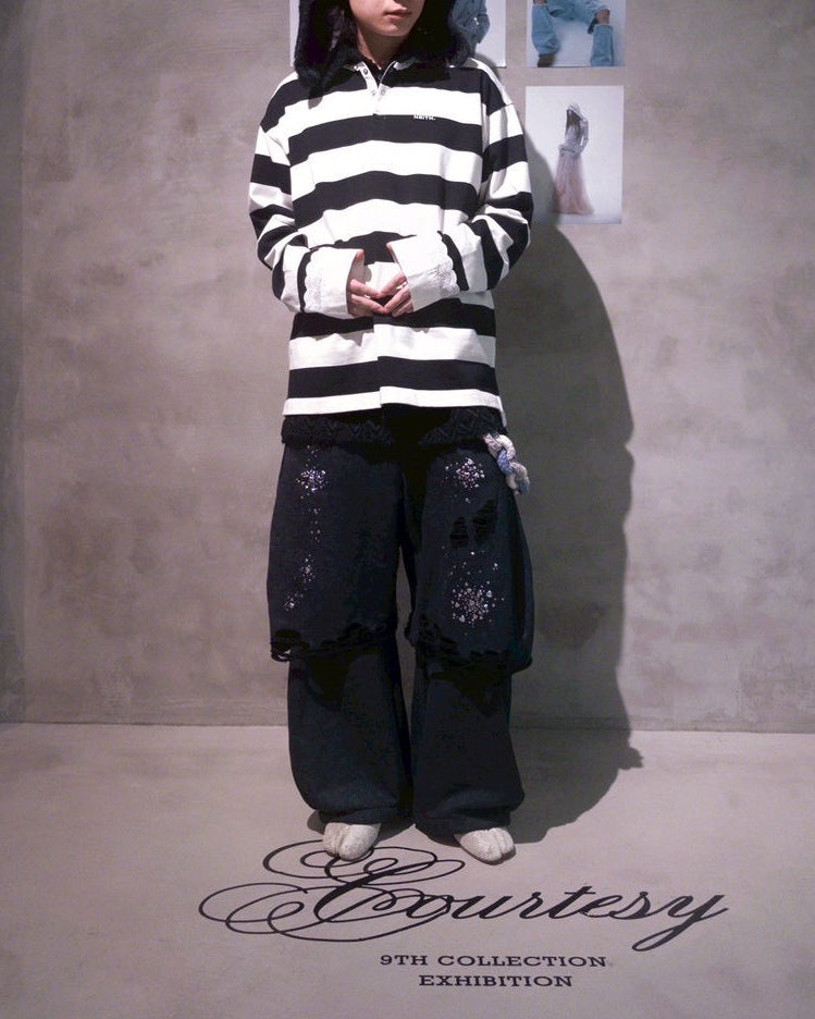 【Last2】Henley Neck Lace Top (White×Black)