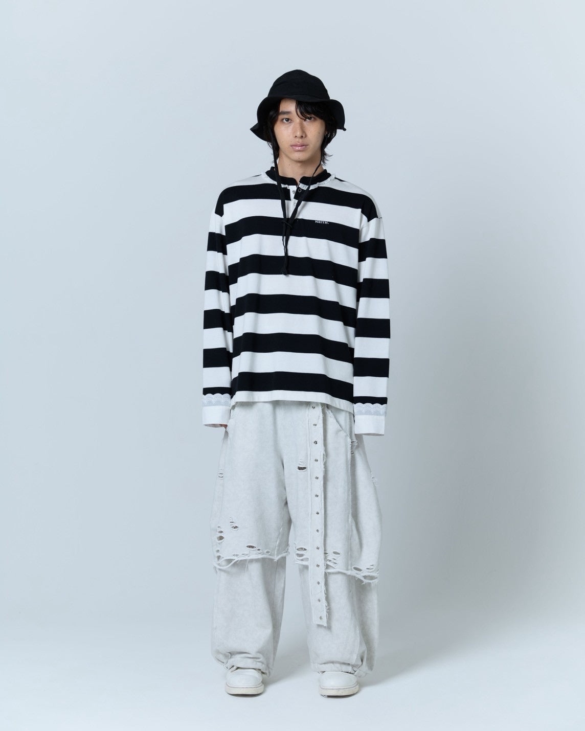 【Last2】Henley Neck Lace Top (White×Black)